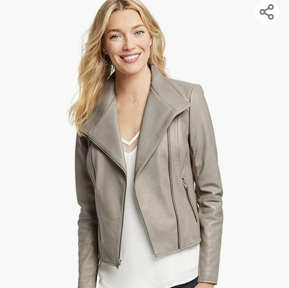 Johnston Murphy Women's Leather Moto Jacket Size Small Light Gray Good Condition - Picture 11 of 14